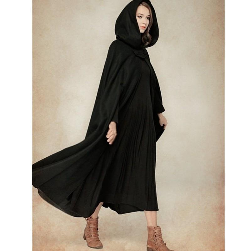 Cappotto Mantella Lungo da Donna in Misto Lana con Cappuccio Silhouette a Pipistrello Costume da Esterno per Cosplay di Halloween