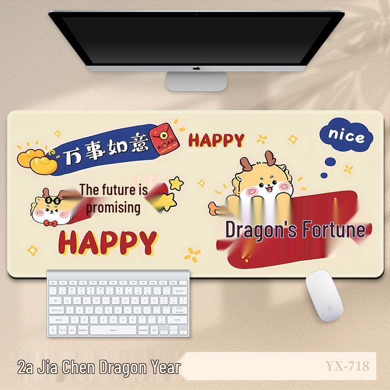 Extra Large 2024 Year of the Dragon Mouse Pad - Festive Red Cartoon New Year Desk Mat for Office