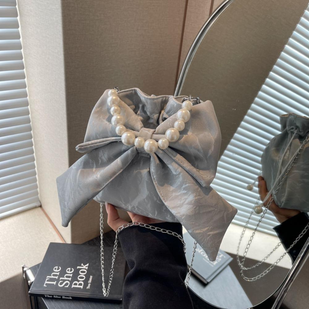 Elegant Big Bowknot Shoulder Bag Pearl Chain Crossbody Bag Portable Drawstring Bucket Bag  Girls