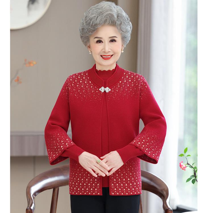 

Женский кардиган-пальто для женщин среднего и пожилого возраста, осенне-зимний свитер, костюм-двойка из новой вязаной ткани для мамы на весну и осень XL красный