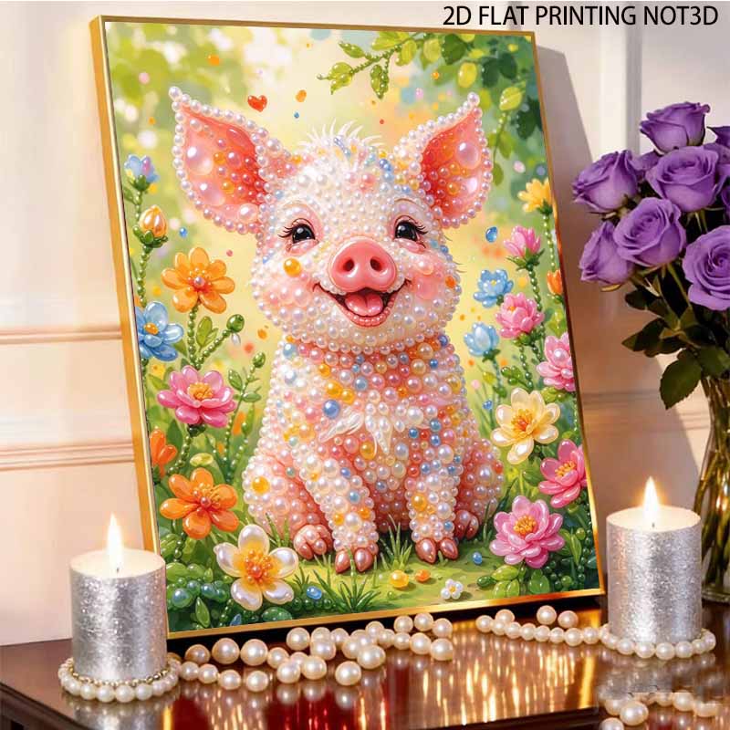 Cute Piglet Floral Pearl Painting Kit with Frame Sparkling Bead Canvas Creative Leisure Craft for Wall Decor Gift DIY Art Project