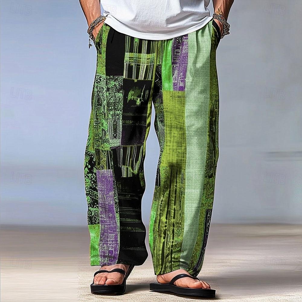 Męskie Spodnie Patchworkowe Color Block Średnio Wysoki Stan Sznurek Elastyczny Pas Hawajskie Codzienne Outdoor Prosta Nogawka Spodnie