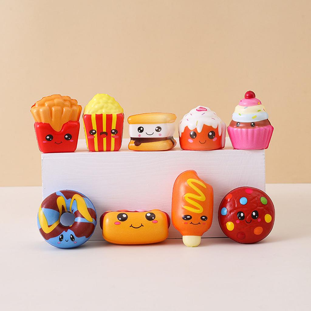 Set of 9 Soft Squishy Food Shaped Stress Relief Toys Includes Donut Cupcake Fries Corn Dog and More for Sensory Play and Anxiety Reduction