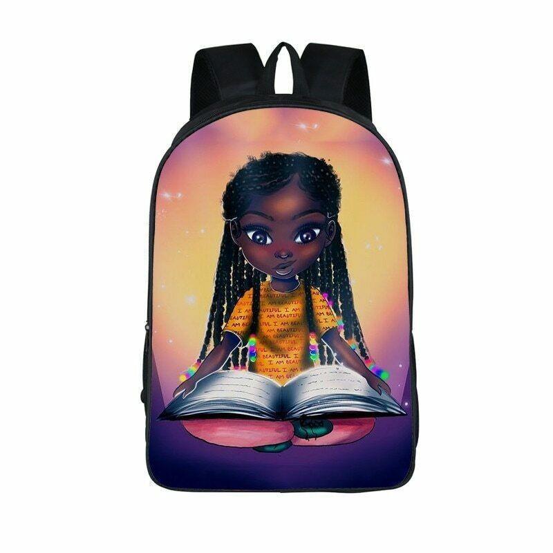 

Vibrant Afro African Beauty School Backpack For Cool Black Girls Featuring Cartoon Patterns #15 Reading