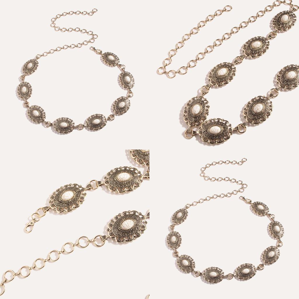 Gothic Style Metal Waist Belt With Intricate Engraving And Simulated White Turquoise Accent For Women