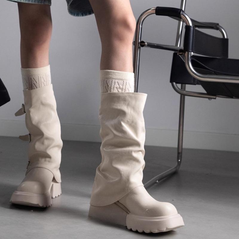 Fashion Autumn Winter 2025 New Platform Block Heel Mid-tube Boots Women's Round Toe Metal Buckle Platform Belt Buckle High Heel Boots