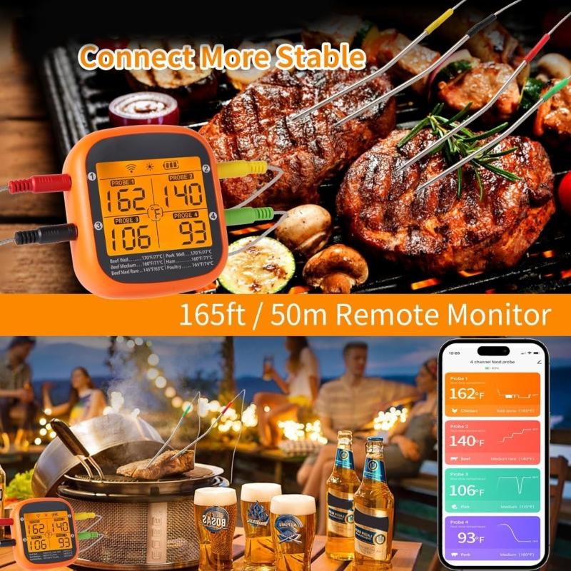 Termometri Wireless Programmabili per Carne con 4 Sonde e Controllo App per BBQ Cucina Indoor Outdoor Monitoraggio in Tempo Reale