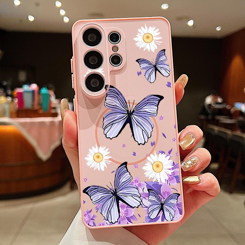 Coque à Motif Fleurs Papillons Pour Samsung Galaxy S26 Ultra S25 Edge S24 Plus S23 FE S22 A17 A54 A55 A56 A57 5G Magnétique Pour Magsafe Housse Mate
