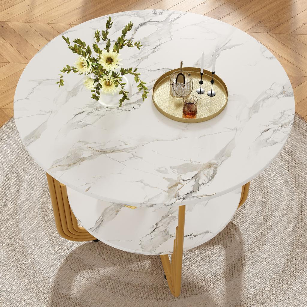 Round Dining Table (80×80×76cm), Coffee Table for 4 People, Small Plate in the Middle for Storage, Suitable for Dining Room, MDF Marble Tabletop