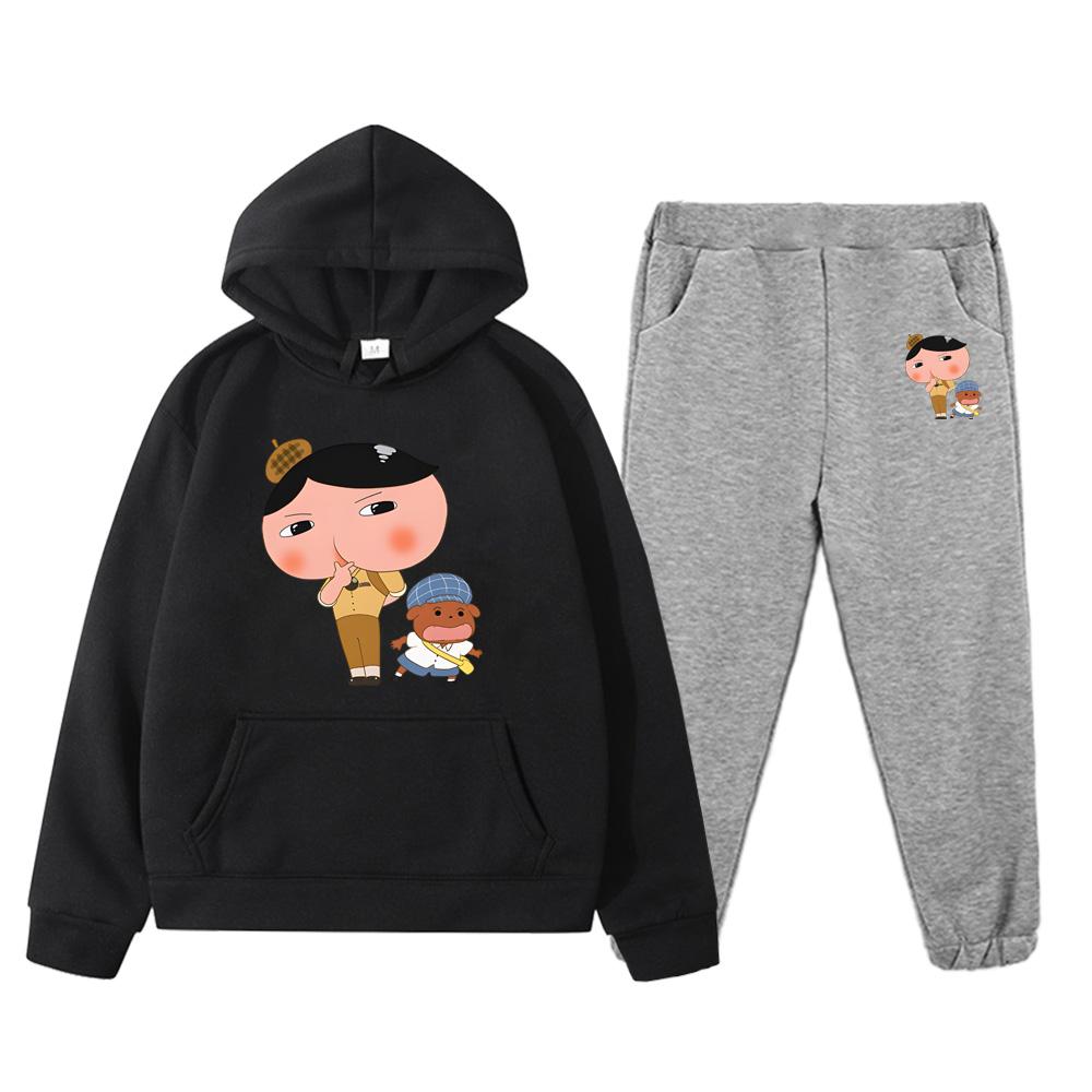 

2pcs Butt Detective Cartoon Print High Quality Clothing Sets Autumn New Childrens Hoodies Sweatshirts Kids Loose Fleece Pullover 130 чорний колір сірий