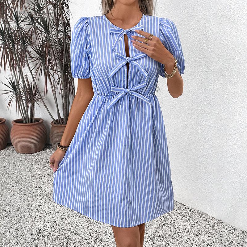 2026 Summer High-End Puff Sleeve Bow Tie Lace Dress Large синий