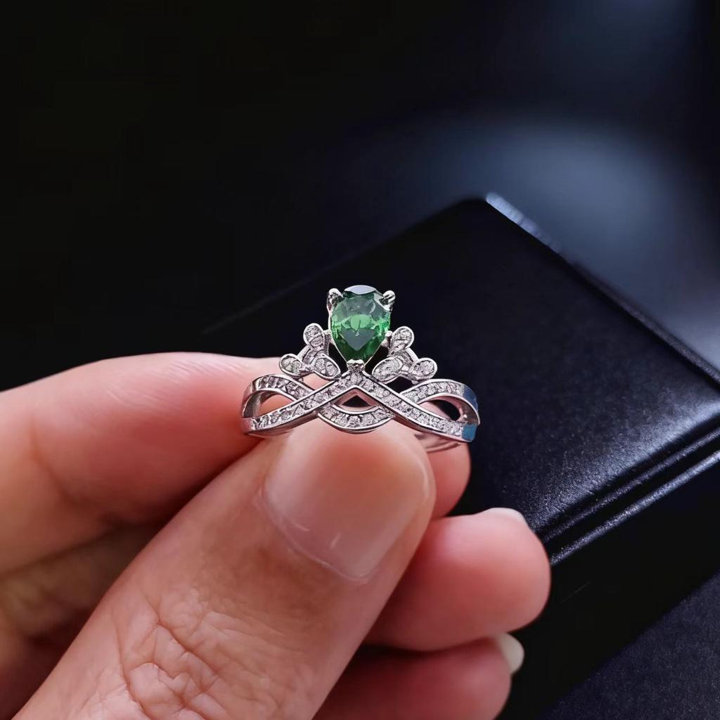 The Same Luxury Water Drop Pear-Shaped Crown Emerald Ring Colored Gemstone Ring Lady