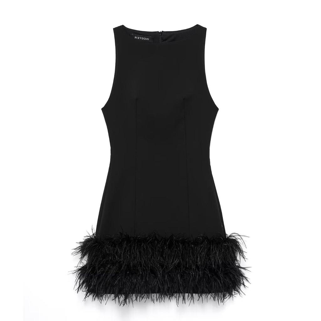 TAOP&ZA Dámské elegantní jarní malé černé šaty s dekorací ze surového peří na lemu