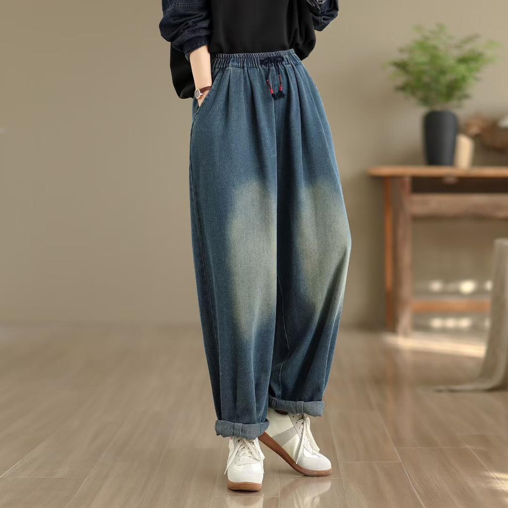 DIMANAF 2025 Summer Women Jeans Solid  Harem Pants High Waist Elastic Basic Loose Harem Pants