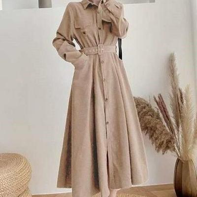 Korean Style Waist-Hugging Corduroy Shirt Dress - Women's Mid-Length, Single-Breasted, Long Sleeve, Over-the-Knee for Fall/Winter