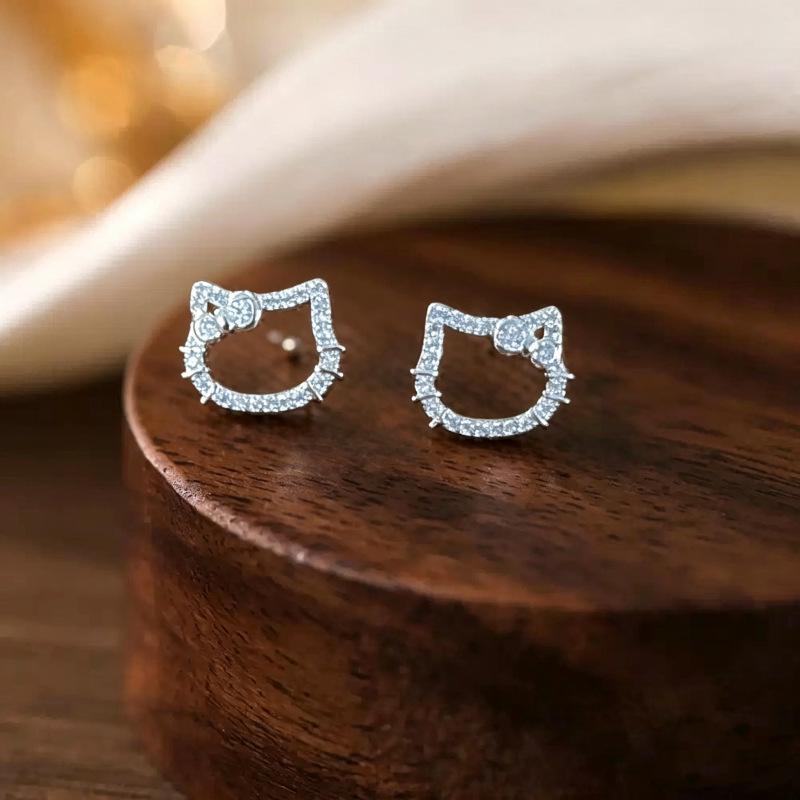 Xiao Yin Jia S999 Silver Hello Kitty Studs: Light Luxury Diamond Hollow-out KT Cartoon Design Earrings