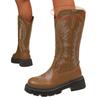 2025 New Plus Size V-Neck Cowboy Boots Women's Fall and Winter Mid-Leg Brown Knight Boots