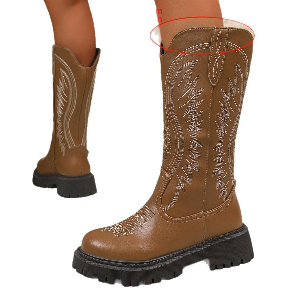 2025 New Plus Size V-Neck Cowboy Boots Women's Fall and Winter Mid-Leg Brown Knight Boots