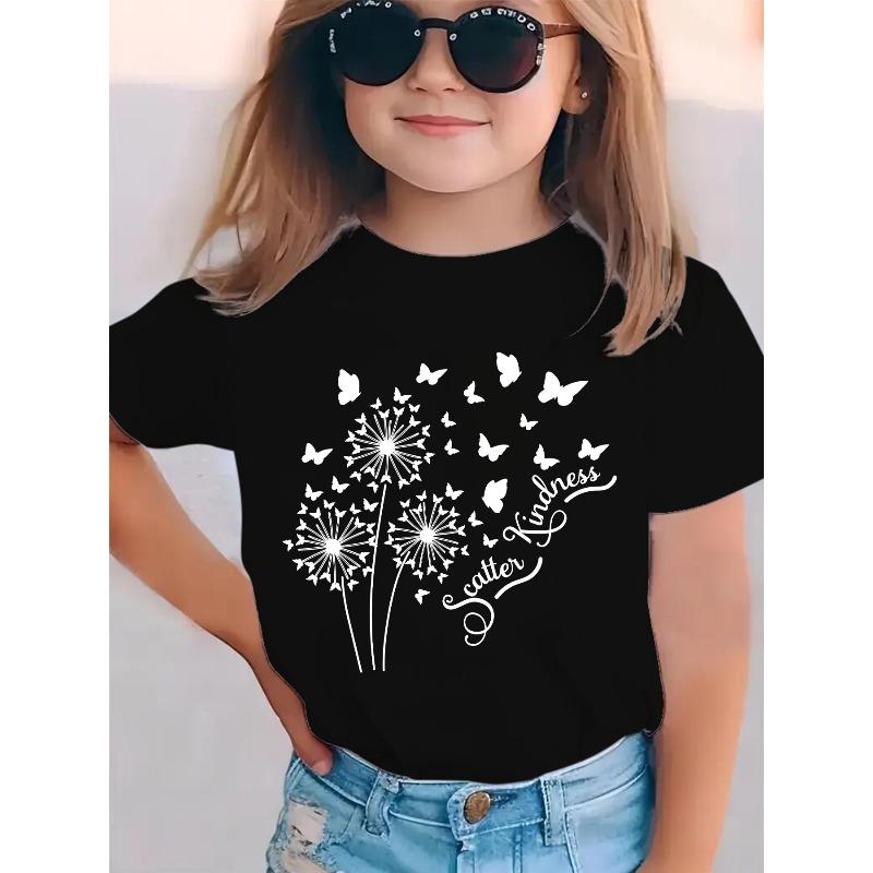 

European sizes Summer Fashion Girls Short-Sleeve T-Shirt with Dandelion Cartoon Print Featuring Butterflies, Casual Versatile Top 98cm чёрный