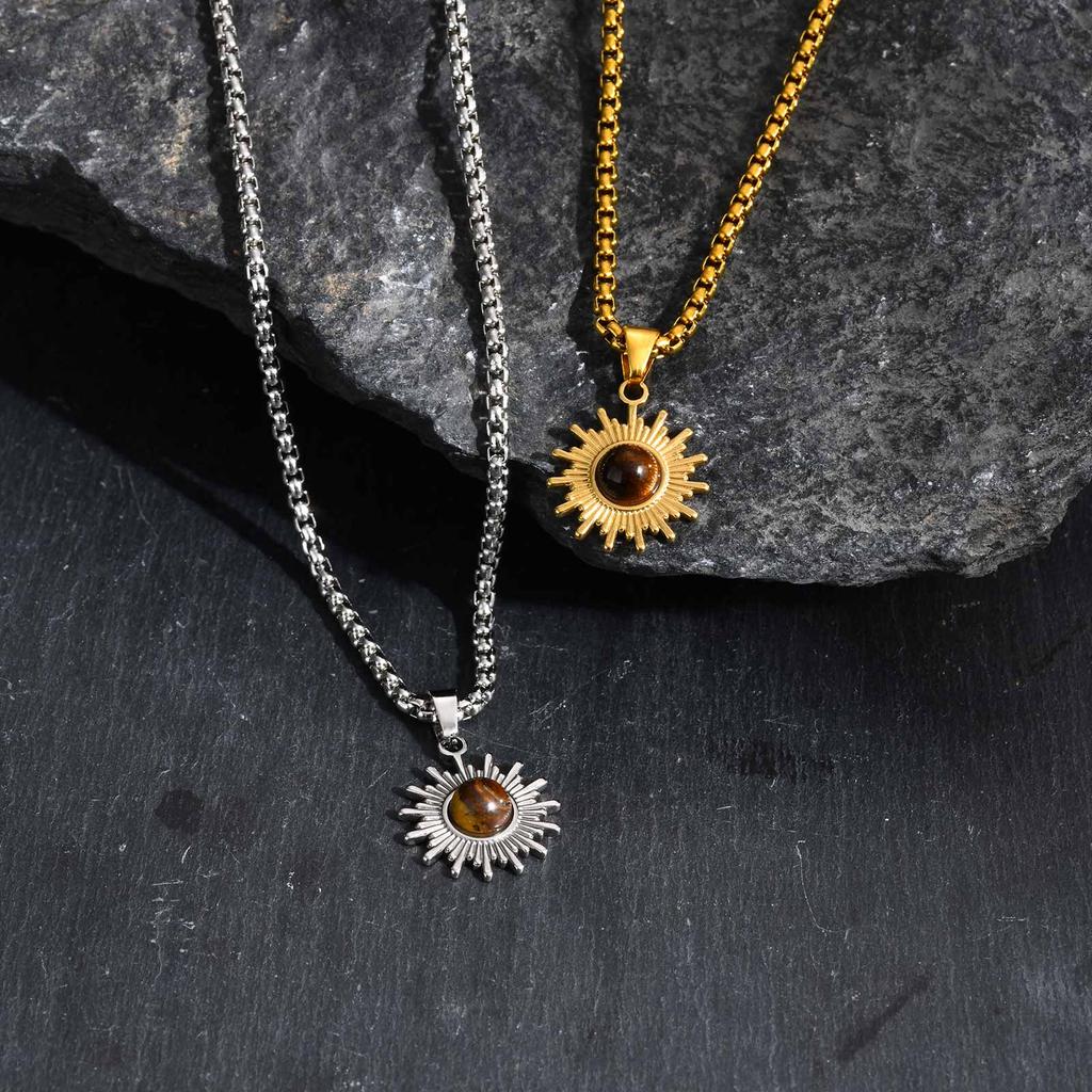 Fashion Sun Tiger Eye Nature Stone Pendant Necklace for Men, Silver Color Stainless Steel Necklace, Punk Personalized Jewelry