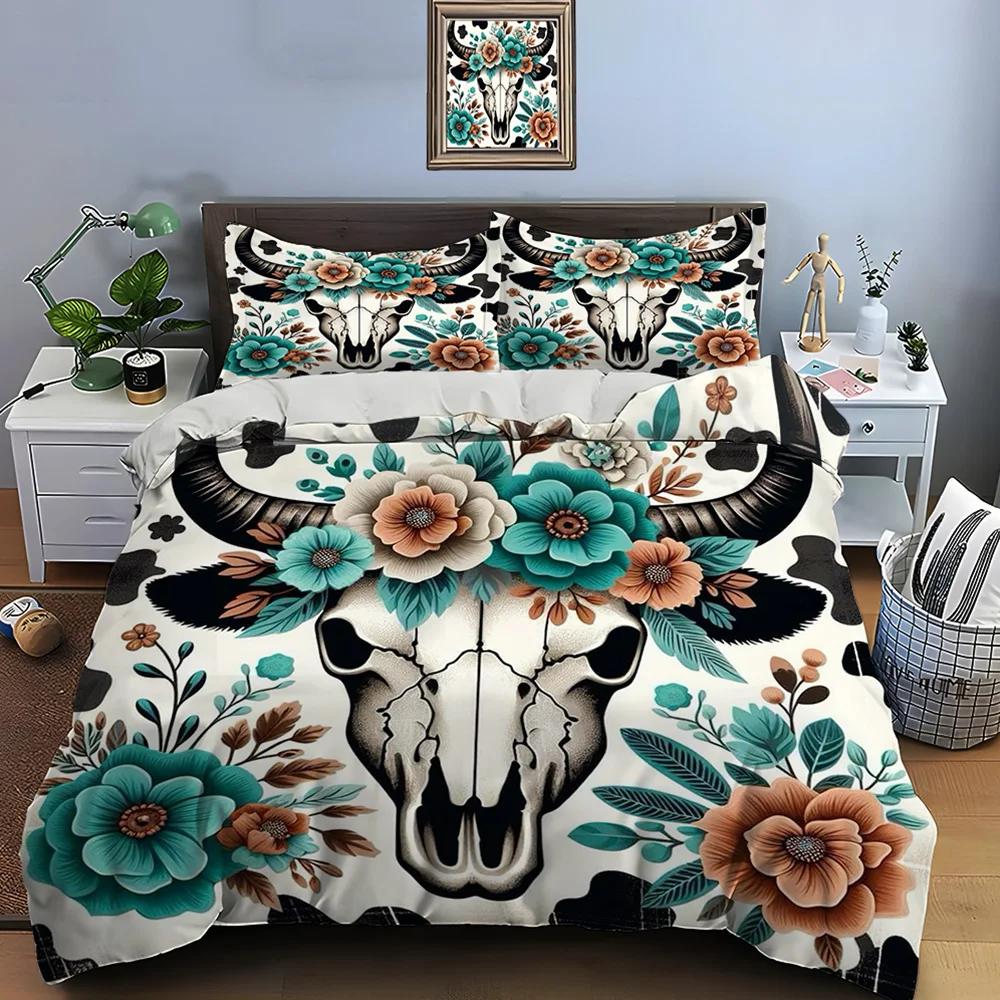 Native American Cattle Skull Art Print Bedding Set Duvet Cover 1 Duvet Cover 2 Pillowcases Adult and Kids Bedding Set Luxury