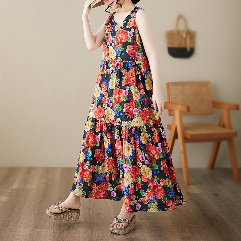 Dimanaf Plus Size Dress Summer Women Vintage Linen Elegant Style Sleeveless Floral Loose New Long Dress 8026