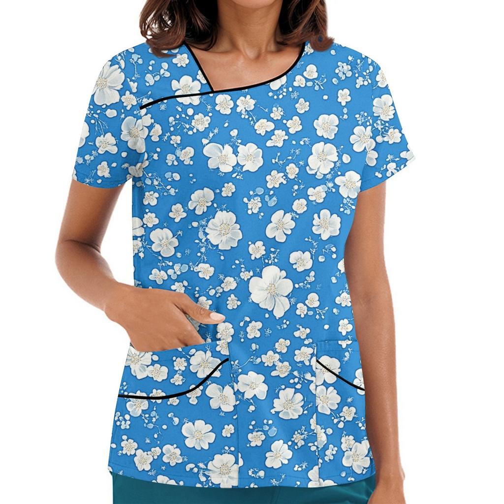 Women's Printed Work Clothes, Sloping Collar And Double Layer Pockets, Basic Top Pullover