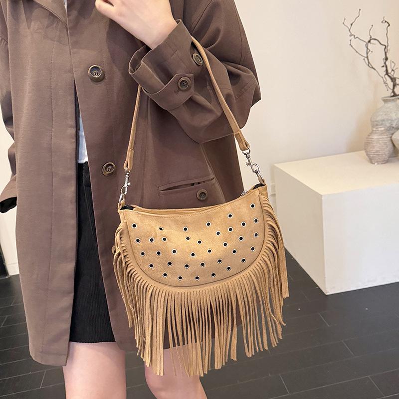 2025 Retro Suede Fringe Rivet Shoulder Bag for Women - Light Luxury Western Style