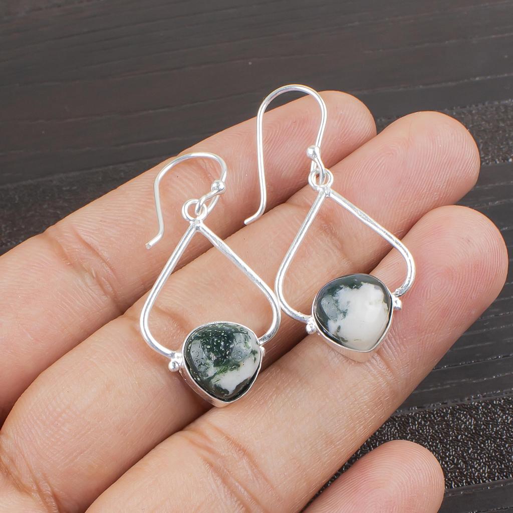 Moosachat Edelstein Schmuck, 925 Sterlingsilber Ohrringe, Handgefertigte Wunderschöne Silberohrringe für Hochzeitsgeschenk