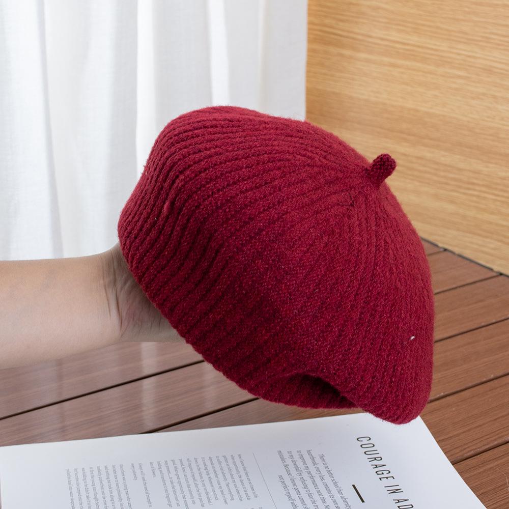 Gray knitted beret women's autumn and winter atmosphere hat versatile warm wool hat painter hat