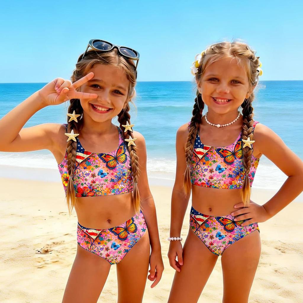 Girls Two Piece Swimsuit Set Summer Tankini Top and High Waist Bottoms Floral Print Lightweight Swimwear for Kids Beach Pool