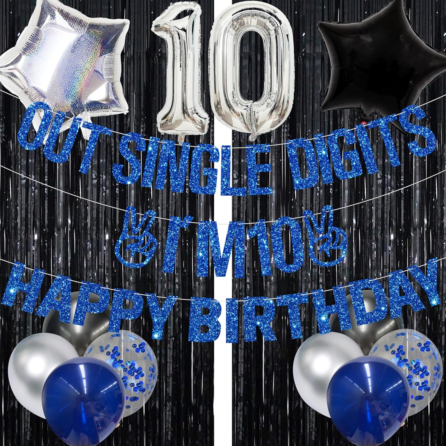Iridescent Double Digits Happy 10th Birthday Banner Garland Foil Balloon 10 for Girls Boys 10th Birthday Decorations Hanging 10 and Fabulous Cheers Blue 10