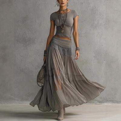 Ensemble Robe Maxi Tricotée Style Européen + Mousseline Mode Femme Deux Pièces