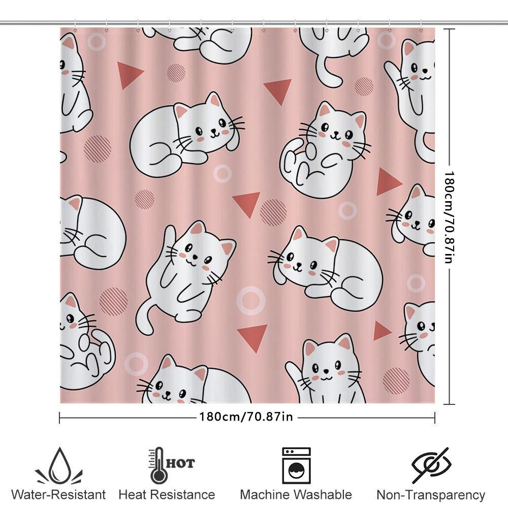 Adorable Cat Print Shower Curtain Pink White Polyester Material Waterproof Design For Bathroom Decorations.