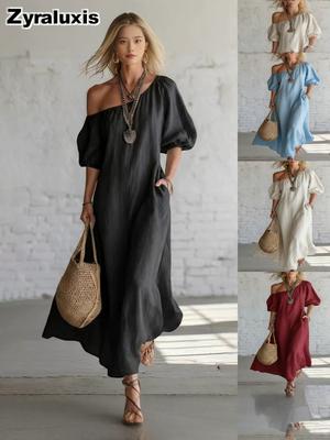 Summer Women's Clothing Pure Color Loose Shoulder Strap High-End Retro Long Sleeve Cotton Linen Dress