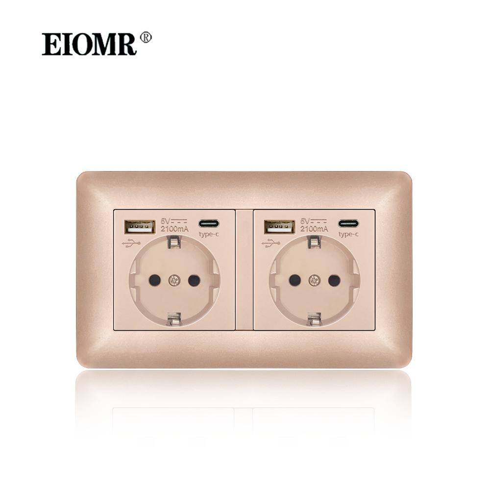 

EIOMR Одинарна розетка з портами USB Type-C Подвійна розетка Вигнута Вогнестійка панель з полікарбонату 16А Золота ЄС Стандарт Розетки Type-c Double Socket