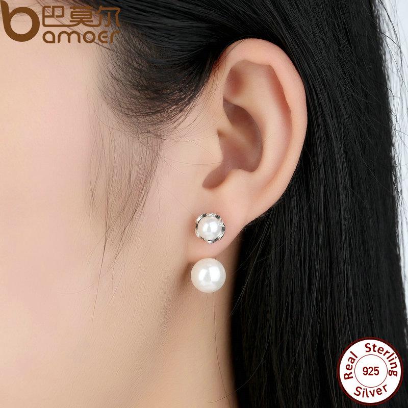 BAMOER New 100% Authentic 925 Silver Simulated Pearls Jewelry Special Style Female Drop Earrings SCE002