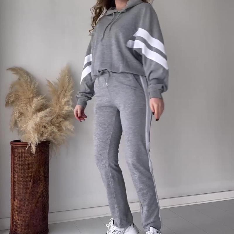 2024 Autumn European & American Striped Print Hooded Sweatshirt and Sweatpants Set for Women