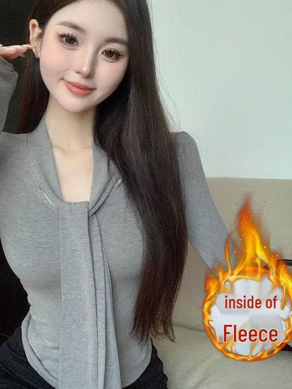 Women's V-Neck Lace-Up Long Sleeve Velvet T-Shirt: Pure Desire Style, Optional Thickness for Autumn/Winter