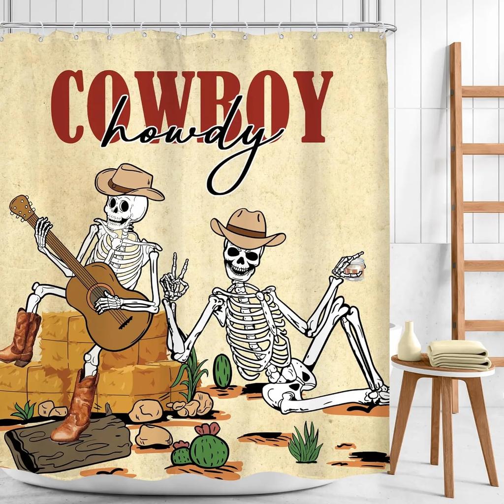 Vintage Western Schädel Gitarre Duschvorhang Lustiger Skelett Cowboy Howdy Gotisch Wilde Natur Wüste Duschvorhang Badezimmer Dekor