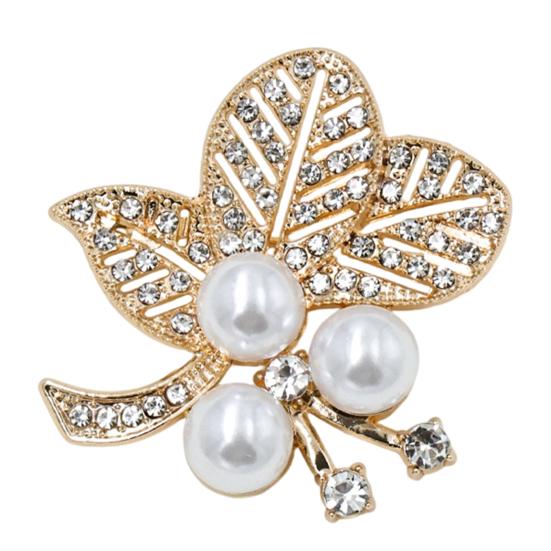 Rhinestone Leaf Brooch Faux Pearl Brooch, Alloy Hollow Leaves Lapel Electroplated Pin Pin, Sweater Cardigan Coat Suit Clothing Jewelry Accessories