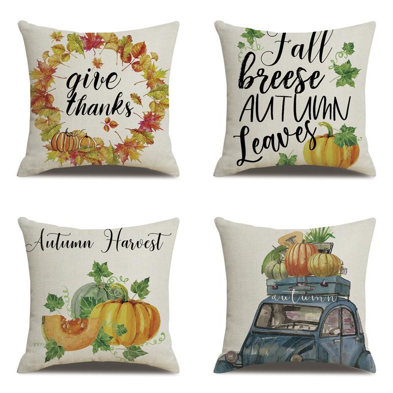 Thanksgiving Linen Pillowcase Autumn Pumpkin Print Pillow Cushion Cover