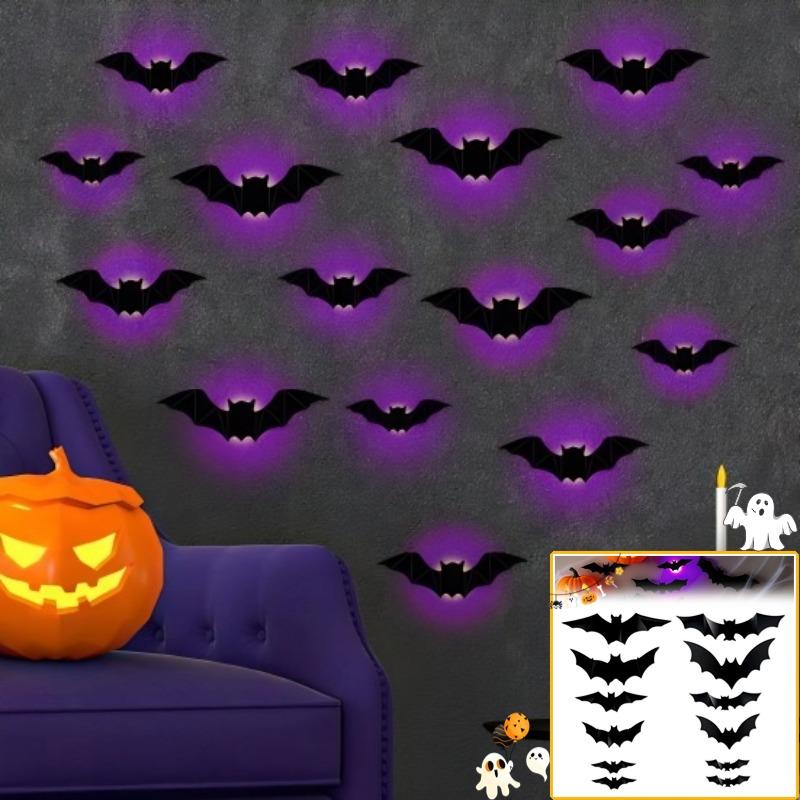 12/24Pcs Lighted 3D Bat Sticker LED Halloween Bat Decorative Wall Sticker Light Up Glowing Bat Clings for Bedroom Window Wall Decor