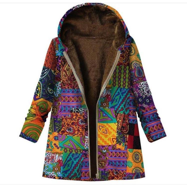 Vintage Floral Fleece Jacket for Women Warm Hooded Long Sleeve Coat with Pockets Casual Fashion Zipper Outerwear