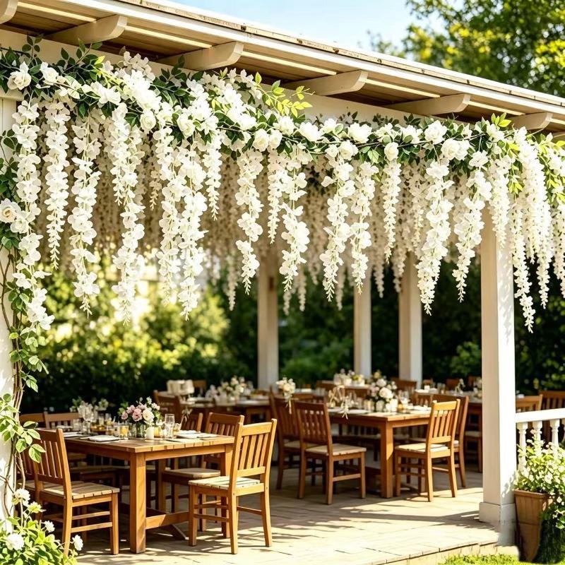 Greenery Artificial White Rose Vine 3D Bushy Hanging Rattan Flower Easy-To-Hang Fake Plant Garden