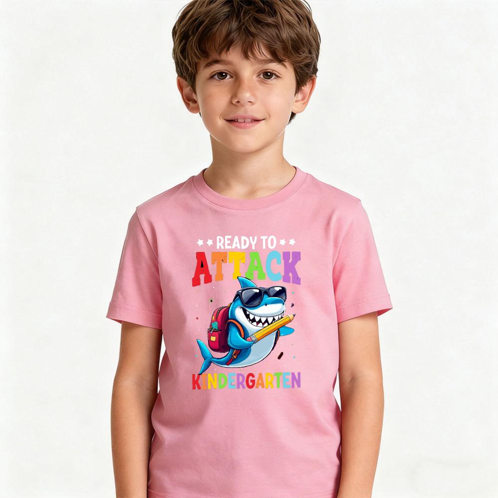 READY TO ATTACK KINDERGARTEN Funny Shark Graphic Printed T-shirt Back To School Season Kids Gift Tee Boys Fashion Casual Tshirt