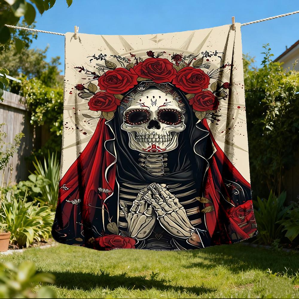 1pc Sugar Skull Throw Blanket Polyester Fiber, Lightweight Flannel, Soft & Warm, All Season Use for Outdoor, Camping Digital Print