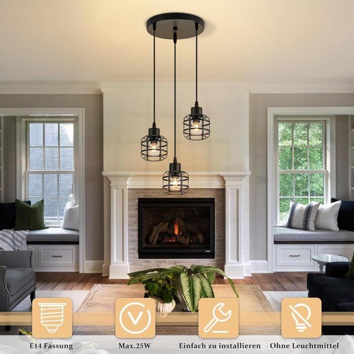 Pendant Light - NETTLIFE - 3 Lights - Black Metal - E14 Sockets - Adjustable Height
