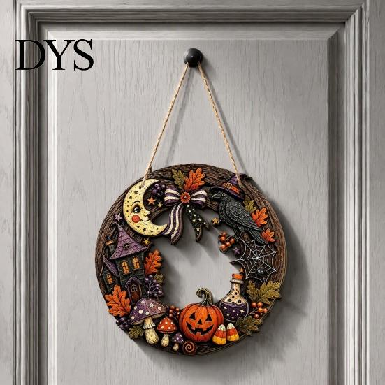 Halloween Theme Party Supplies Wooden Hollow Round Hanging Sign, Pumpkin Spider Web Haunted Ghost Bat Ornaments House Ornament with Hemp Rope, Festive