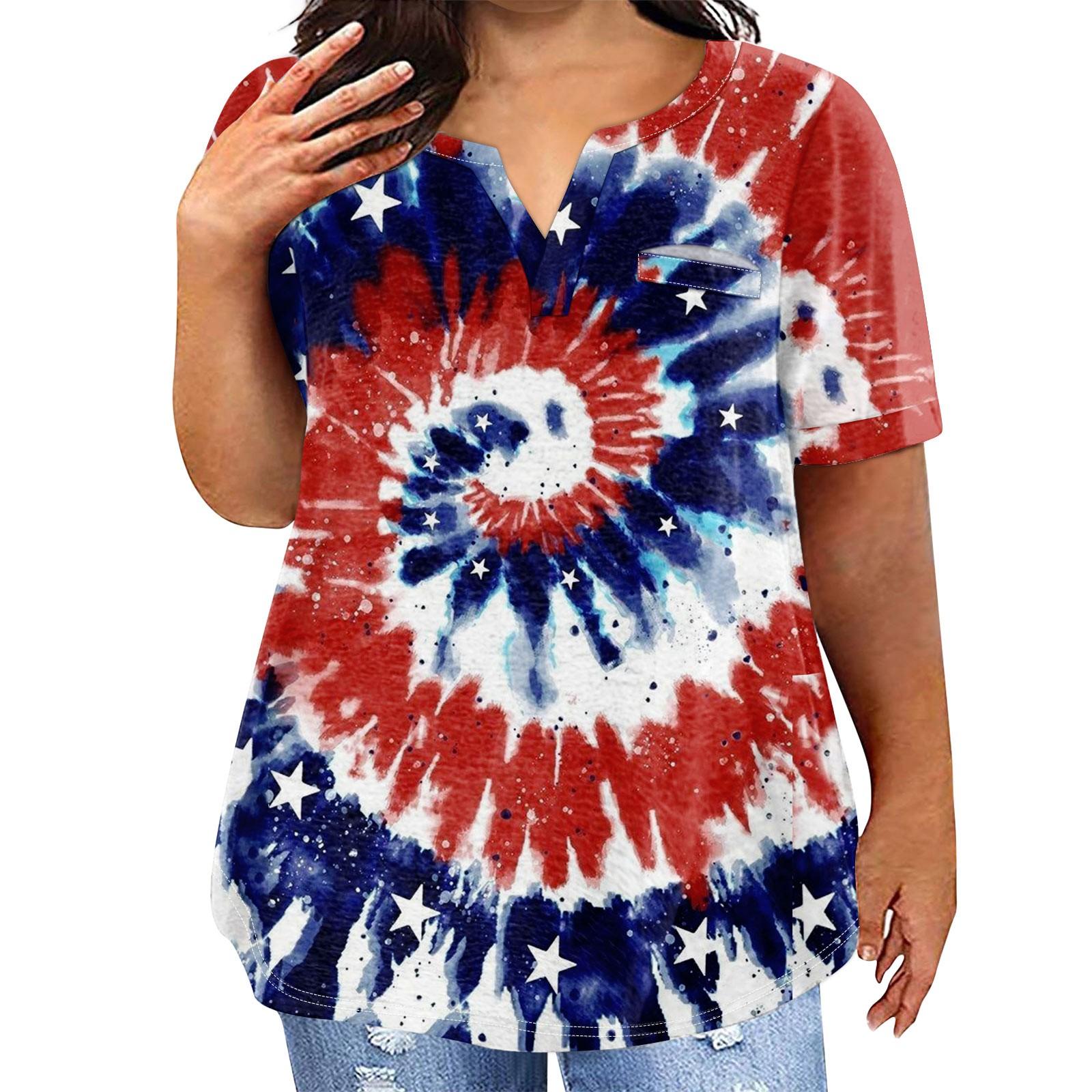 

Женская большая футболка, летняя повседневная футболка с v-образным вырезом и коротким рукавом с принтом на День независимости, карманный топ с короткими рукавами L синий